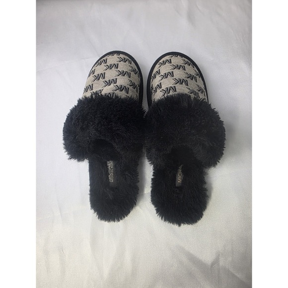 MICHAEL KORS Logo Woman's 8 MK Slide Black Gray Faux Fur Slippers Soft - Picture 3 of 7
